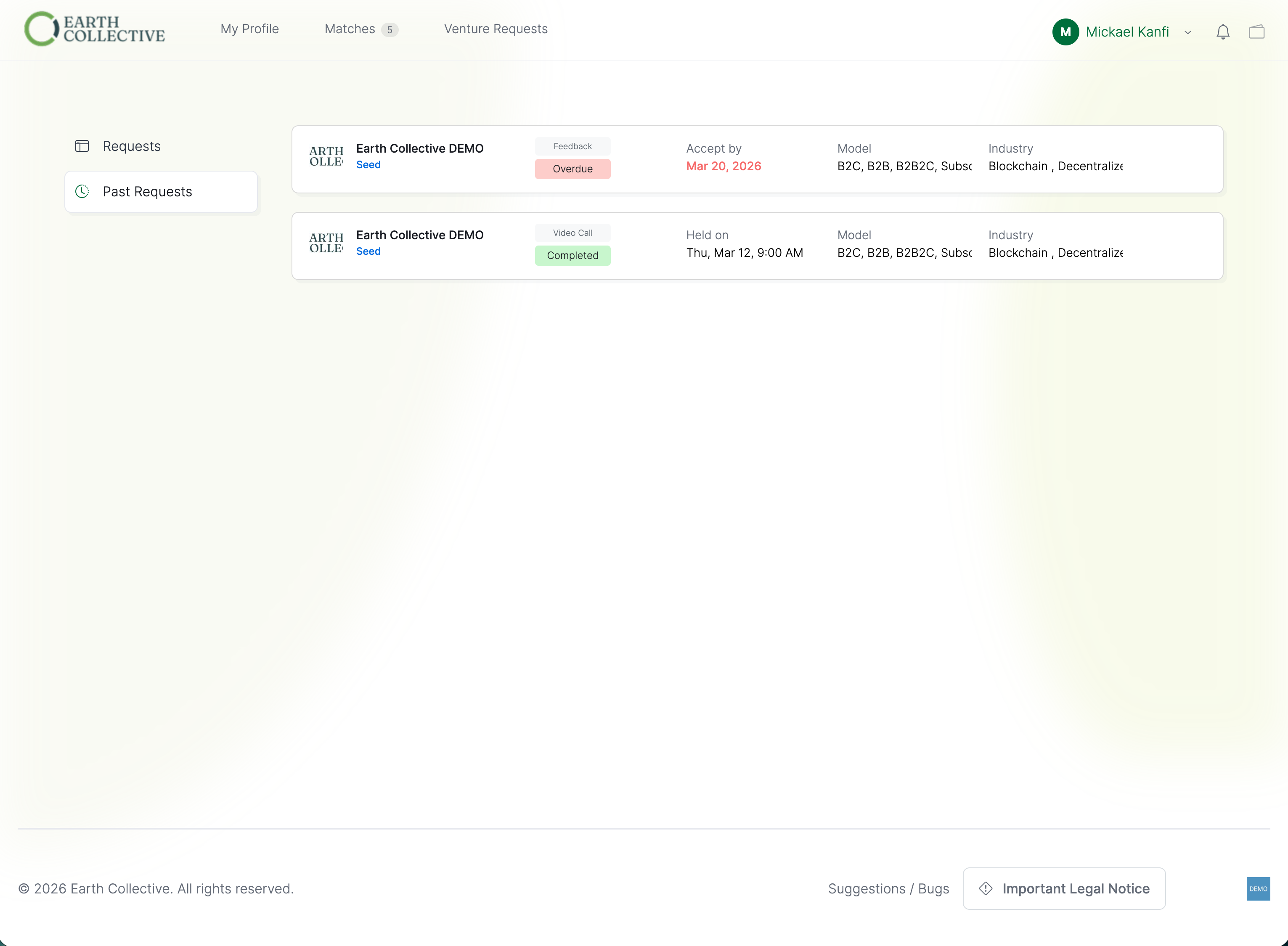 Advisor dashboard with feedback requests