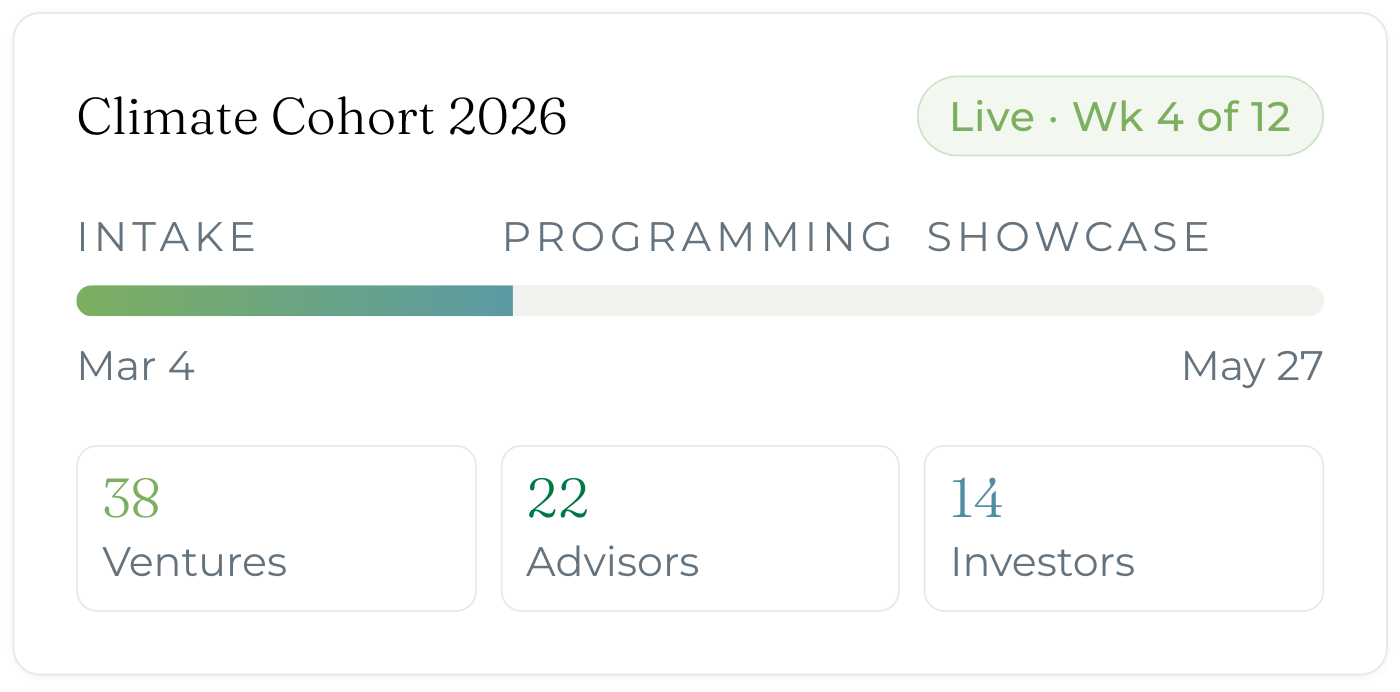 Example program overview with its stage, applicants, advisors and investors