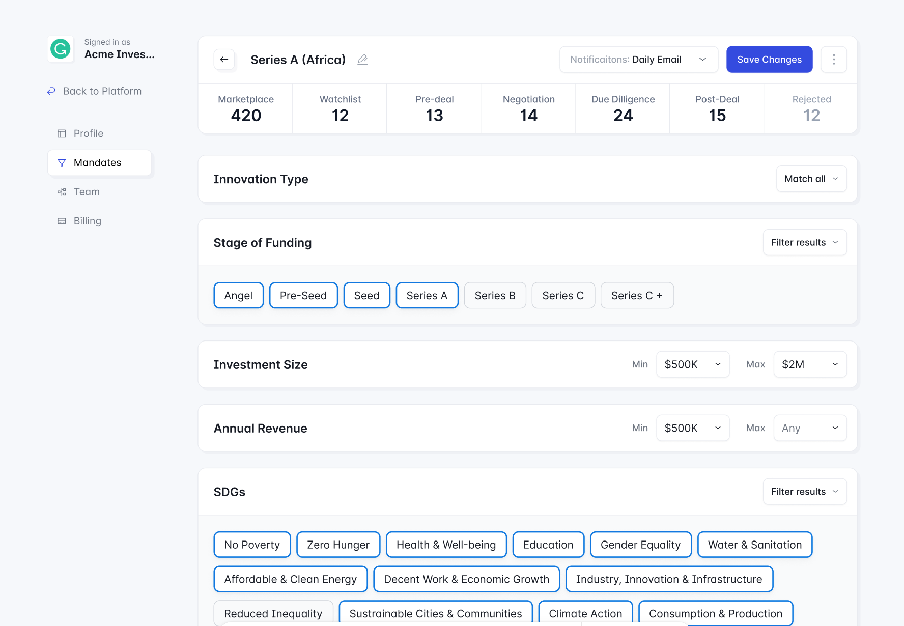 Investment mandate creation interface