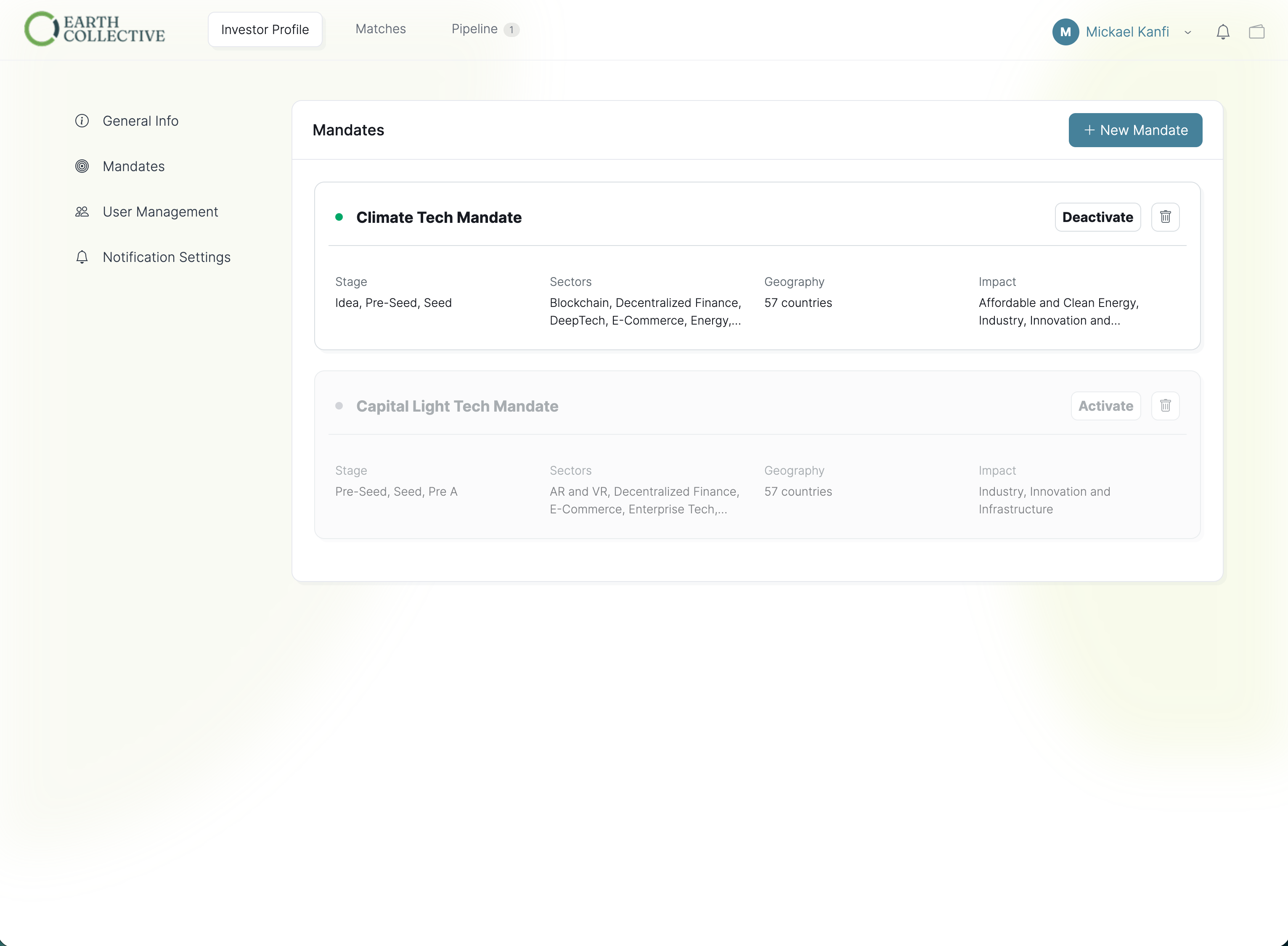 Multiple investor mandates dashboard