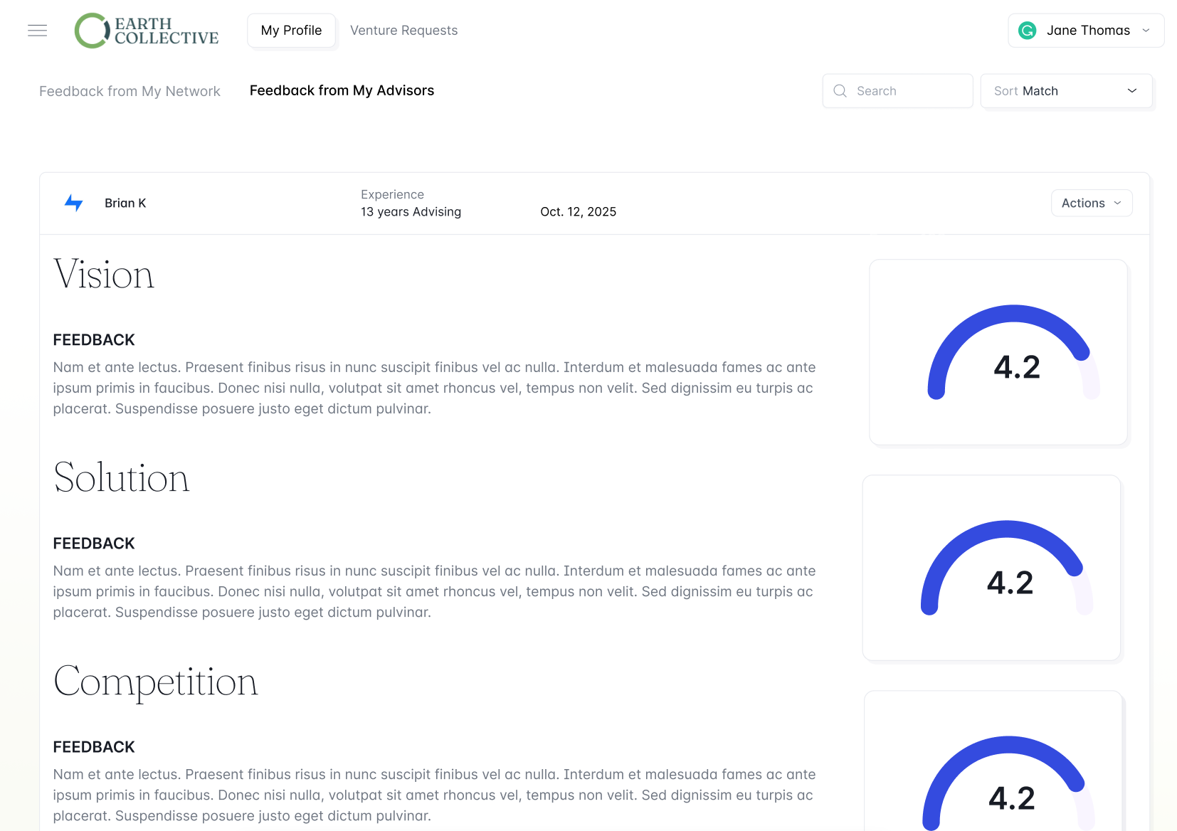 Advisor feedback results with ratings and comments