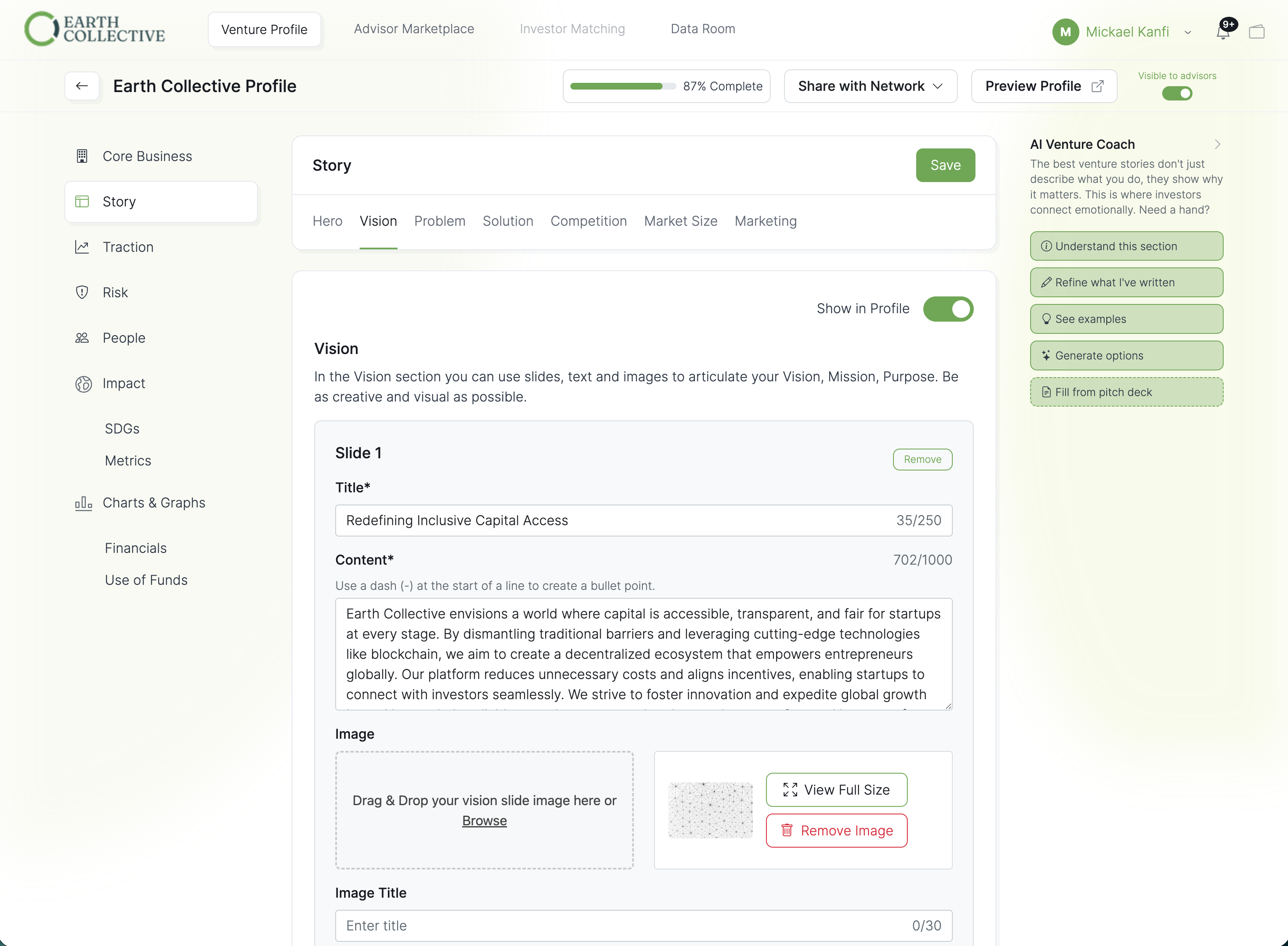 Venture profile creation with guided pitch builder
